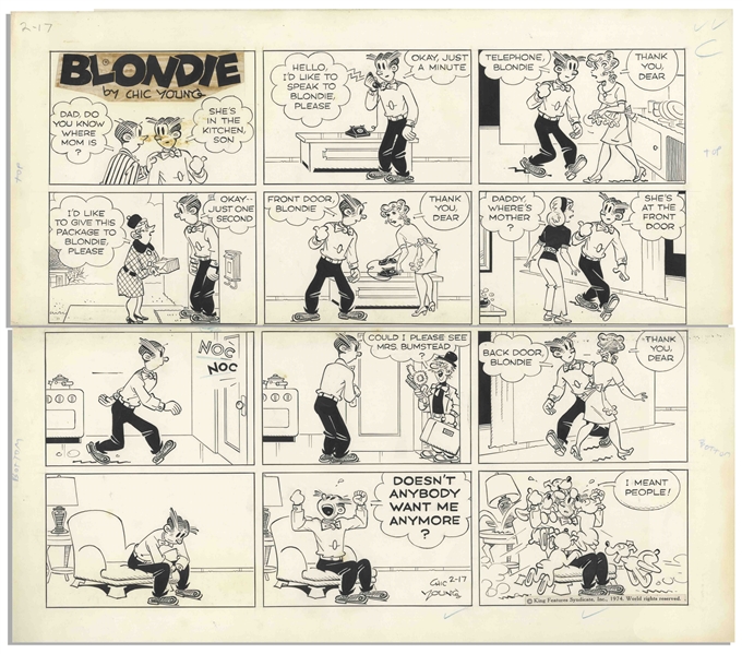 Chic Young Hand-Drawn ''Blondie'' Sunday Comic Strip From 1974 -- Featuring the Bumstead Family & Their Dogs, & One of the Last Chic Young ''Blondie'' Strips